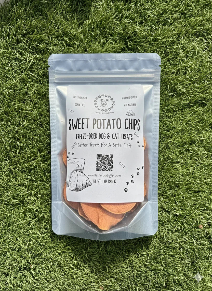 Bag of sweet potato chips for dogs and cats on grass