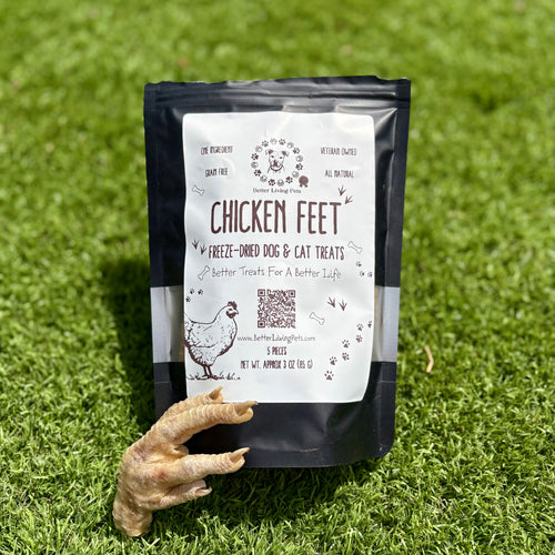 Bag of chicken feet treats for dogs on a grassy background