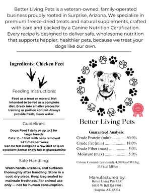 Product label for Better Living Pets dog food with text and graphics.