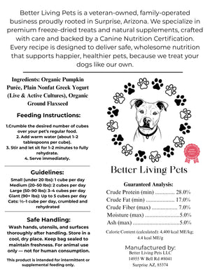 Product label for Better Living Pets dog food with text and a dog illustration.