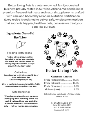 Product label for Better Living Pets dog food with text and graphics on a white background