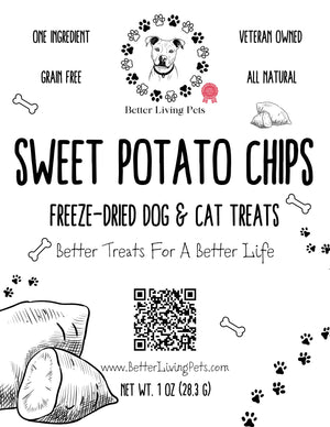 Label for sweet potato chips freeze-dried dog and cat treats from Better Living Pets.