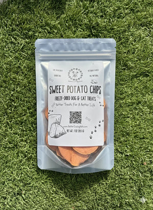 Bag of sweet potato chips for dogs and cats on grass