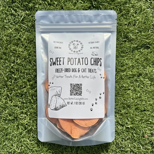 Bag of sweet potato chips for dogs and cats on grass