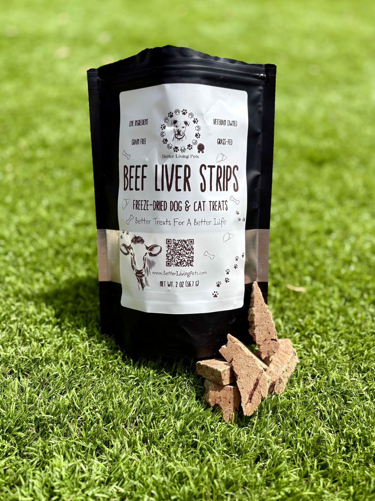 Bag of beef liver strips for pets on grass