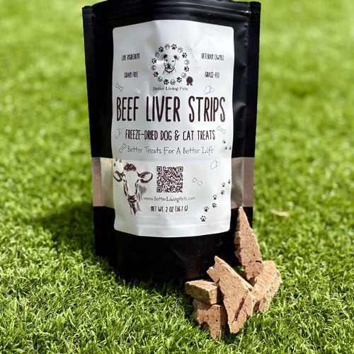 Bag of beef liver strips for pets on grass