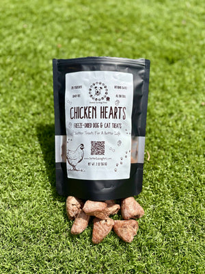 Bag of Chicken Hearts treats for pets on grass